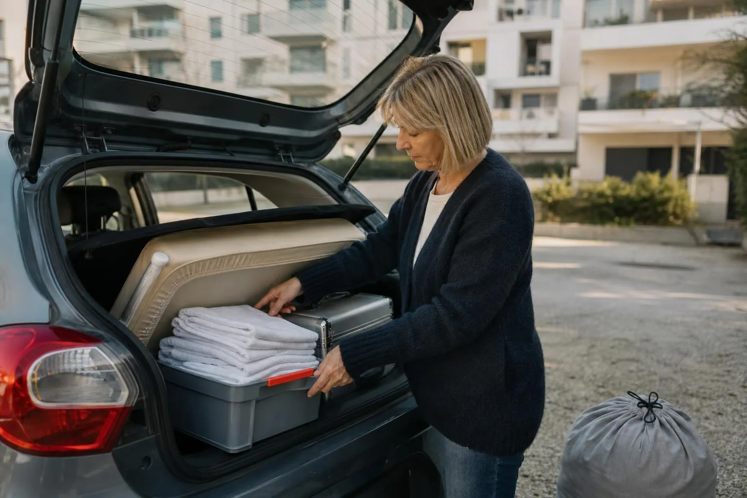 Esthéticienne d’une cinquantaine d’années vérifiant le contenu de son coffre de voiture ouvert, table de soin pliante et sacs de linge rangés