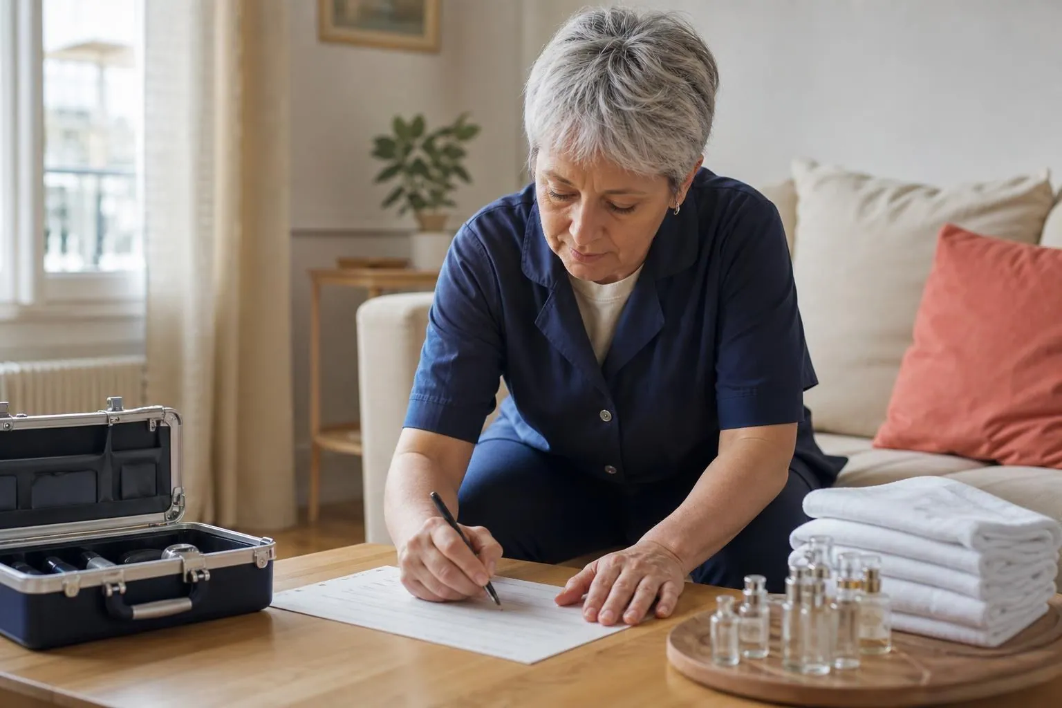Esthéticienne d’une cinquantaine d’années remplissant une fiche cartonnée sur une table basse, à côté de sa mallette ouverte, dans un salon clair