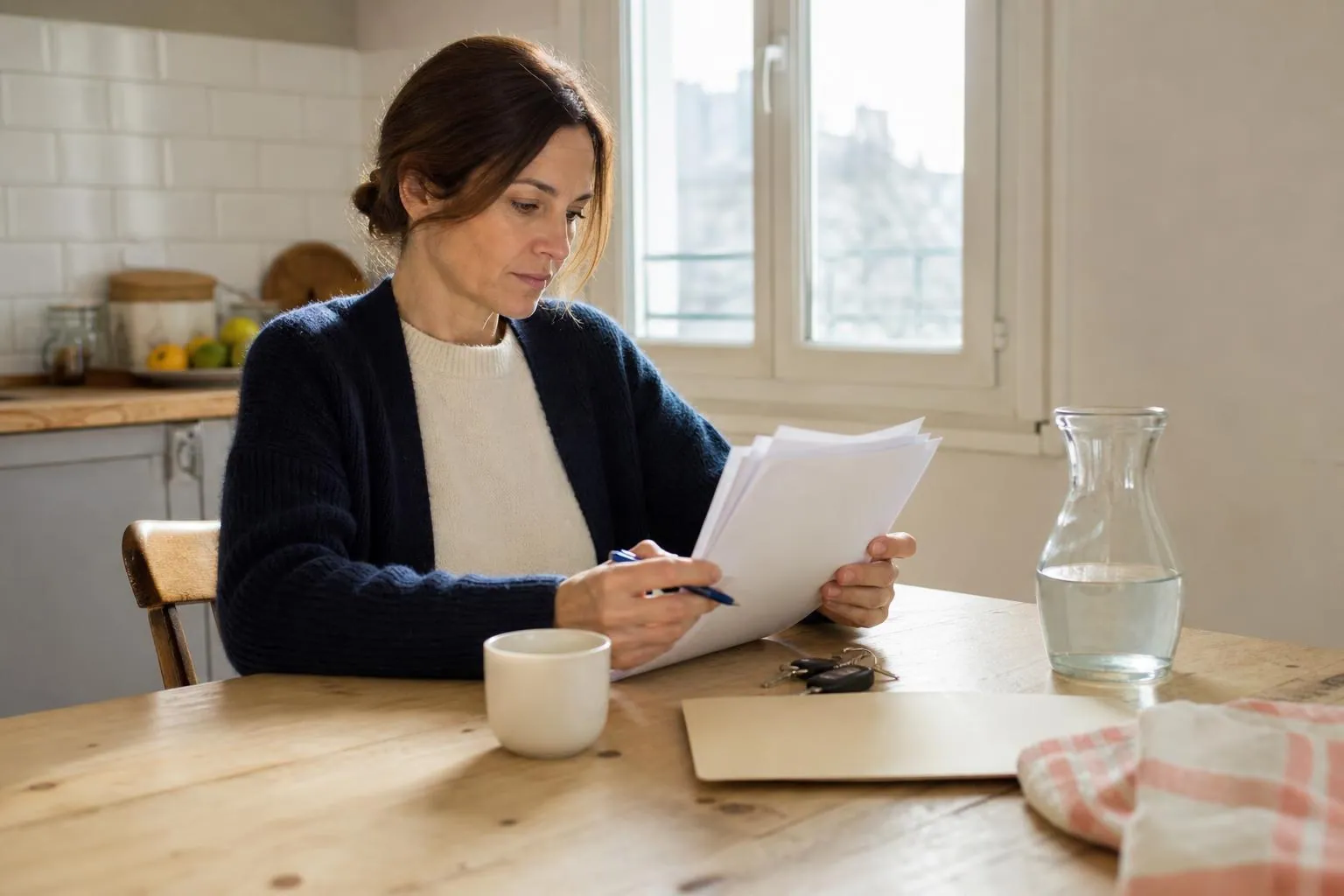 Esthéticienne d’une quarantaine d’années assise à sa table de cuisine le matin, relisant des feuillets imprimés de conditions d’annulation