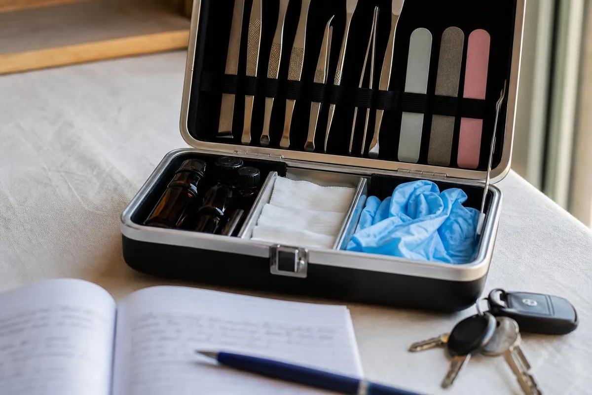 Gros plan d’une mallette de soin ouverte, instruments rangés dans des élastiques, carnet ligné et stylo posés à côté sur une nappe crème