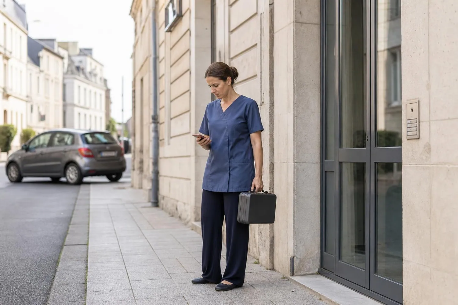 Esthéticienne à domicile d’une quarantaine d’années, mallette de soin à la main, debout devant la porte vitrée d’un immeuble en pierre claire, en fin de matinée