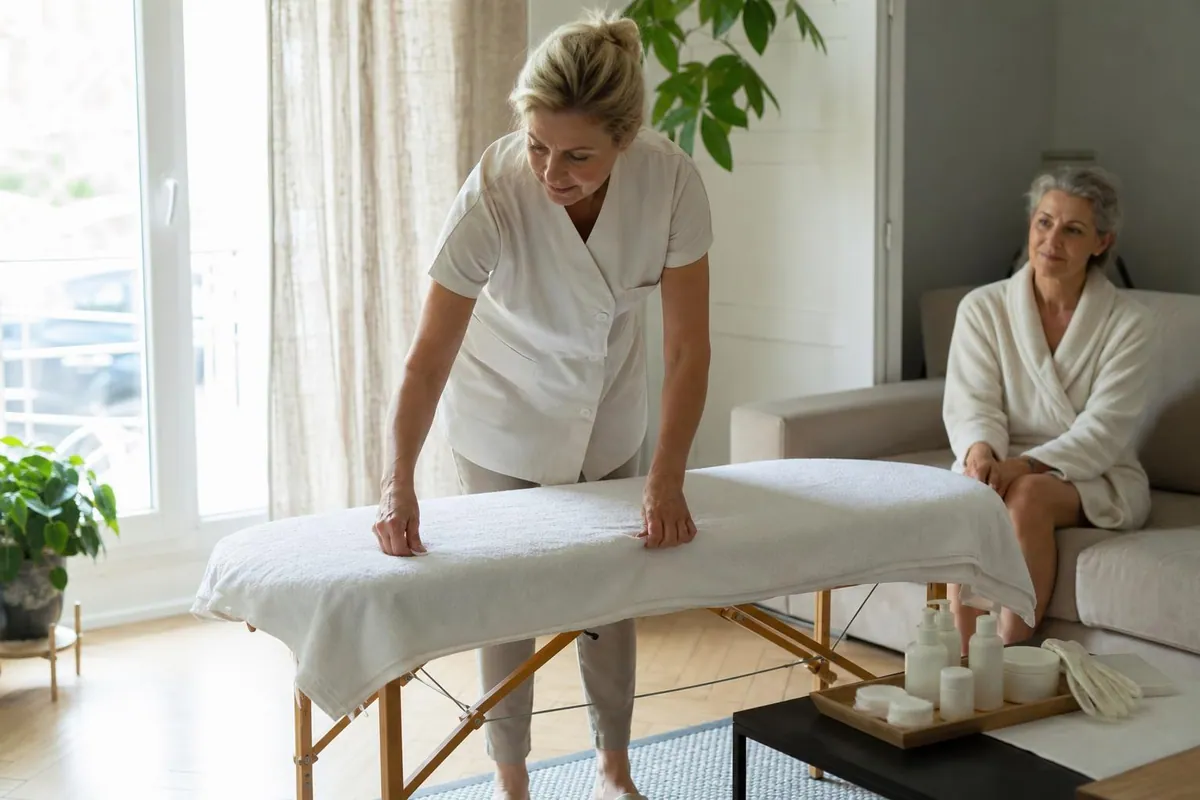 Esthéticienne installant une table de soin pliante recouverte d’une serviette blanche dans le salon clair d’une cliente, produits alignés sur un plateau